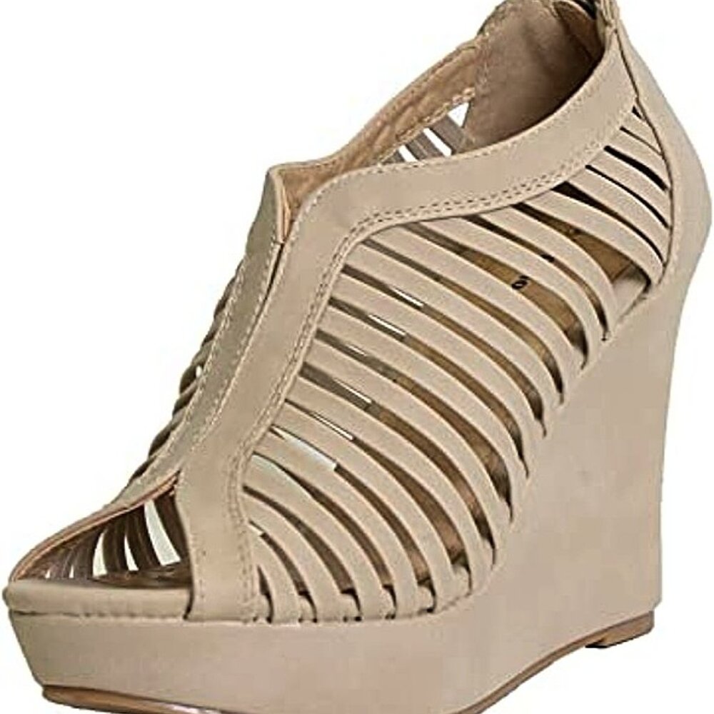 Top Moda Women's Birdcage Gladiator Wedge Sandals | Nude Beige Platform Heels - Picture 3 of 8